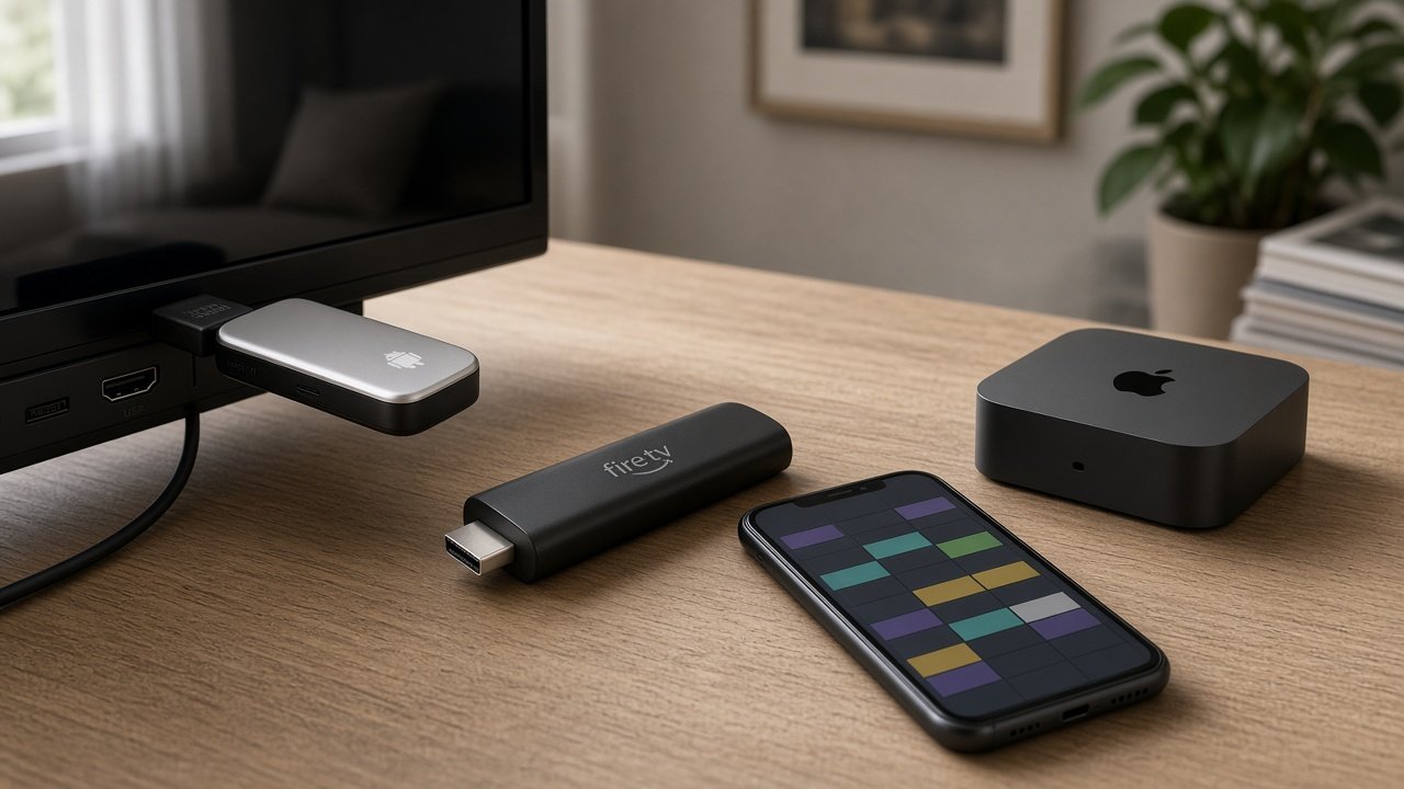 Clés HDMI et boîtiers de streaming près d’une télévision, sans marques visibles