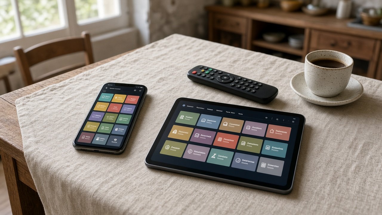Smartphone et tablette avec grille de programmes TV, télécommande à côté