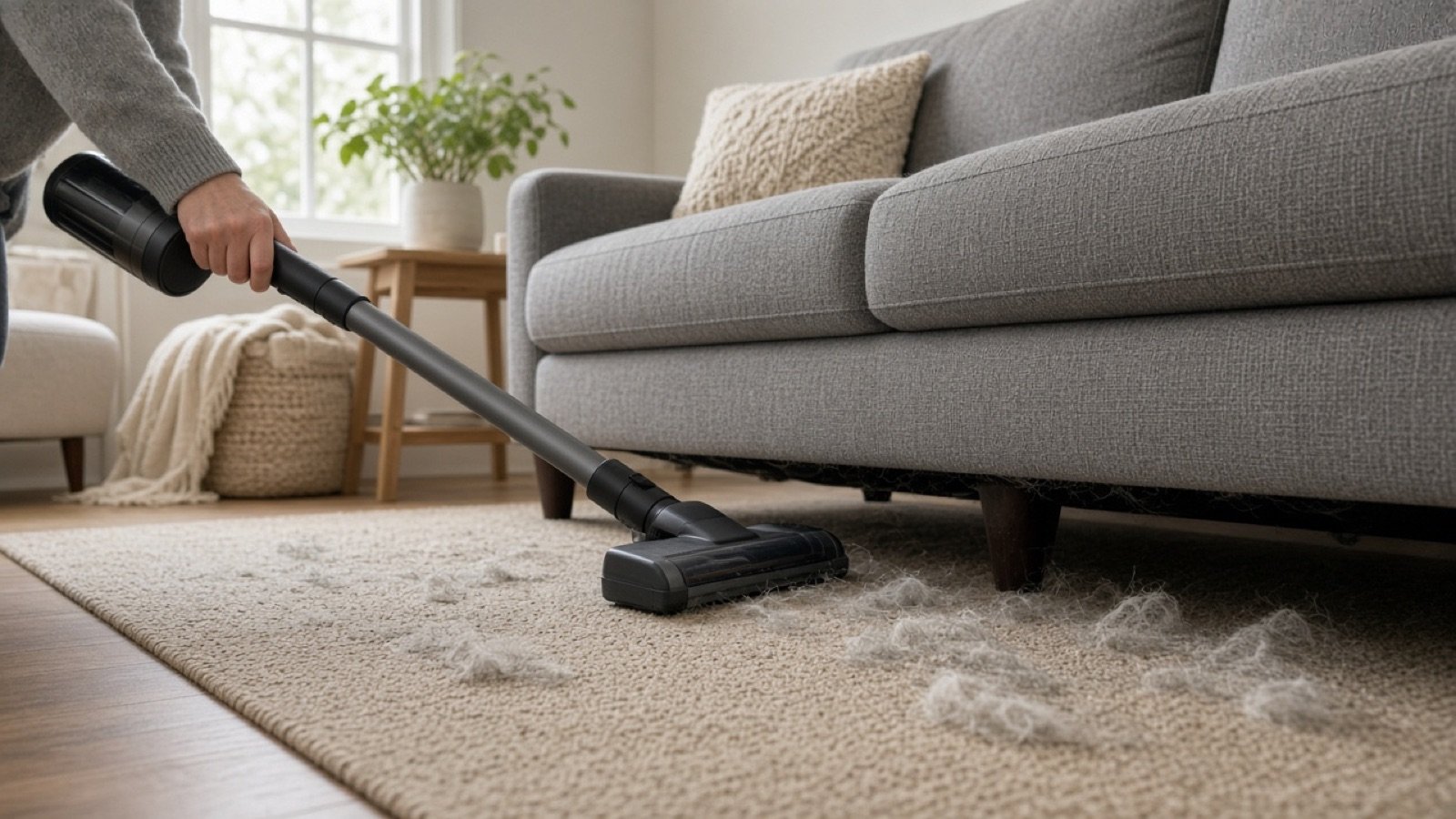 Personne passant un aspirateur sans fil sous un canapé, poils visibles sur un tapis.
