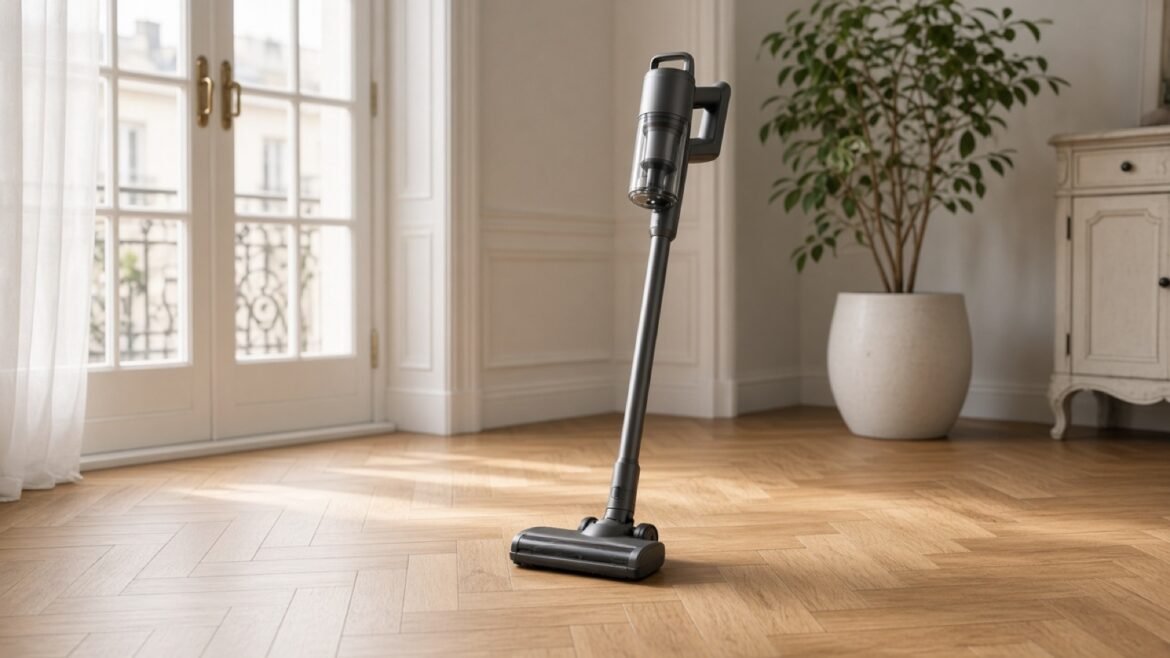 Aspirateur balai sans fil posé sur un parquet clair dans un appartement lumineux.