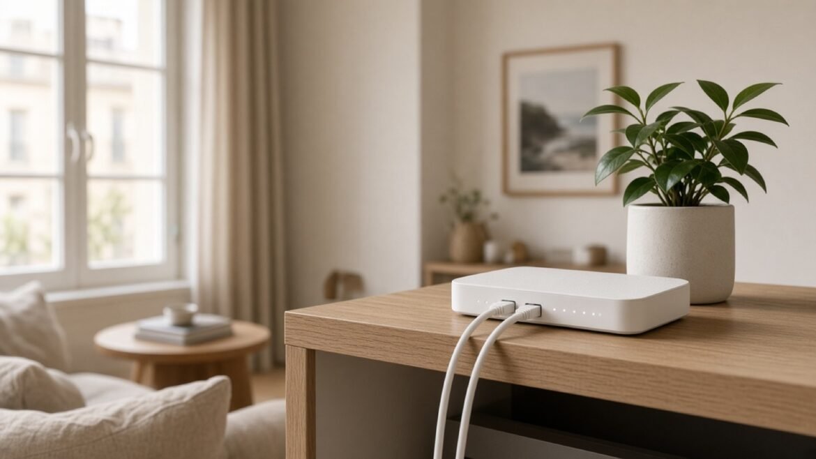 Box fibre générique posée sur une étagère dans un salon d'appartement, avec câbles Ethernet.