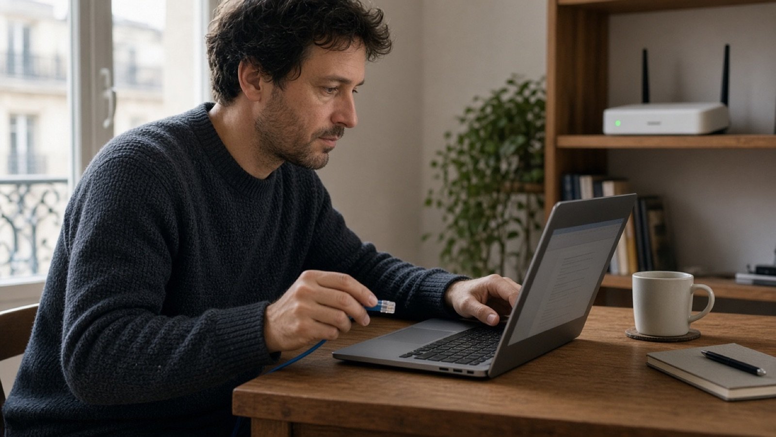 Personne en télétravail branchant un câble Ethernet sur un ordinateur portable, box Internet en arrière-plan.