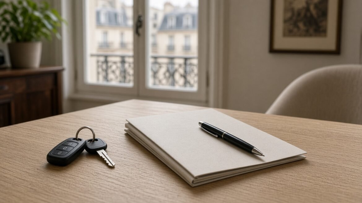 Clés de voiture et dossier d’assurance sur une table, lumière du jour