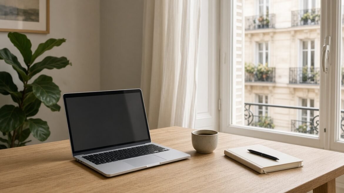 Ordinateur portable ouvert sur un bureau, lumière du jour, appartement français