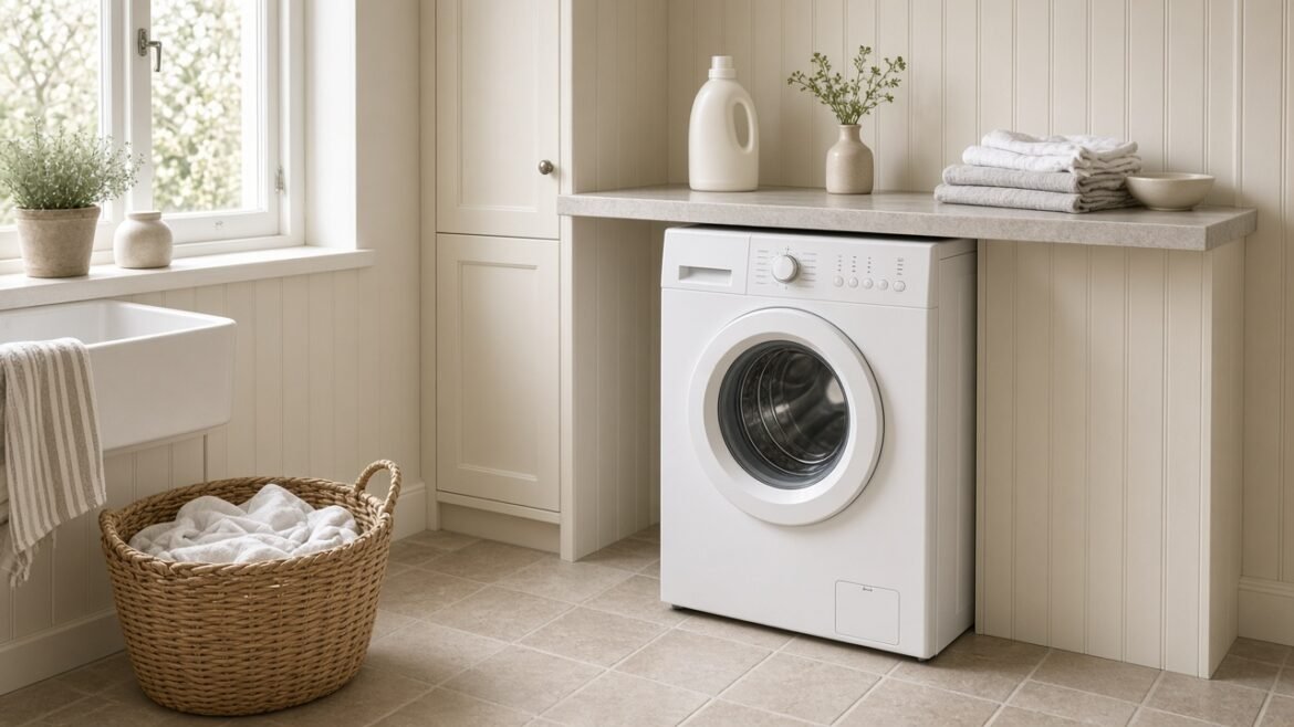 Lave-linge hublot dans une buanderie française, panier de linge, lumière du jour