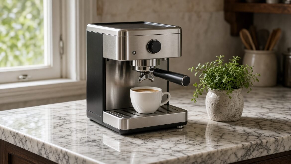 Machine espresso sur un plan de travail de cuisine française, tasse blanche