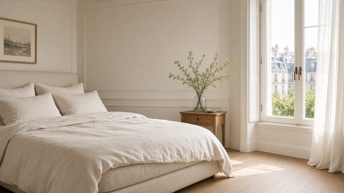 Matelas et linge blanc dans une chambre française lumineuse