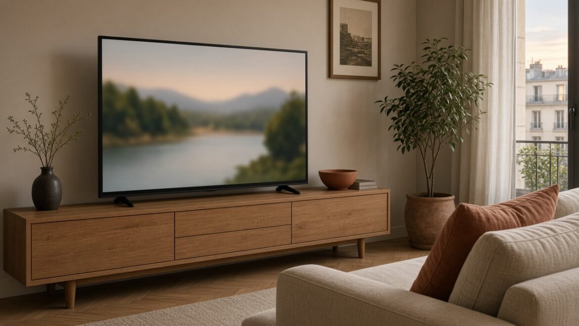 Téléviseur 4K dans un salon français, lumière douce, meuble bas en bois