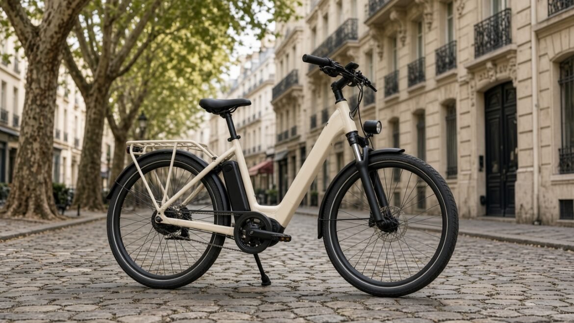 Vélo électrique urbain dans une rue française, lumière du jour