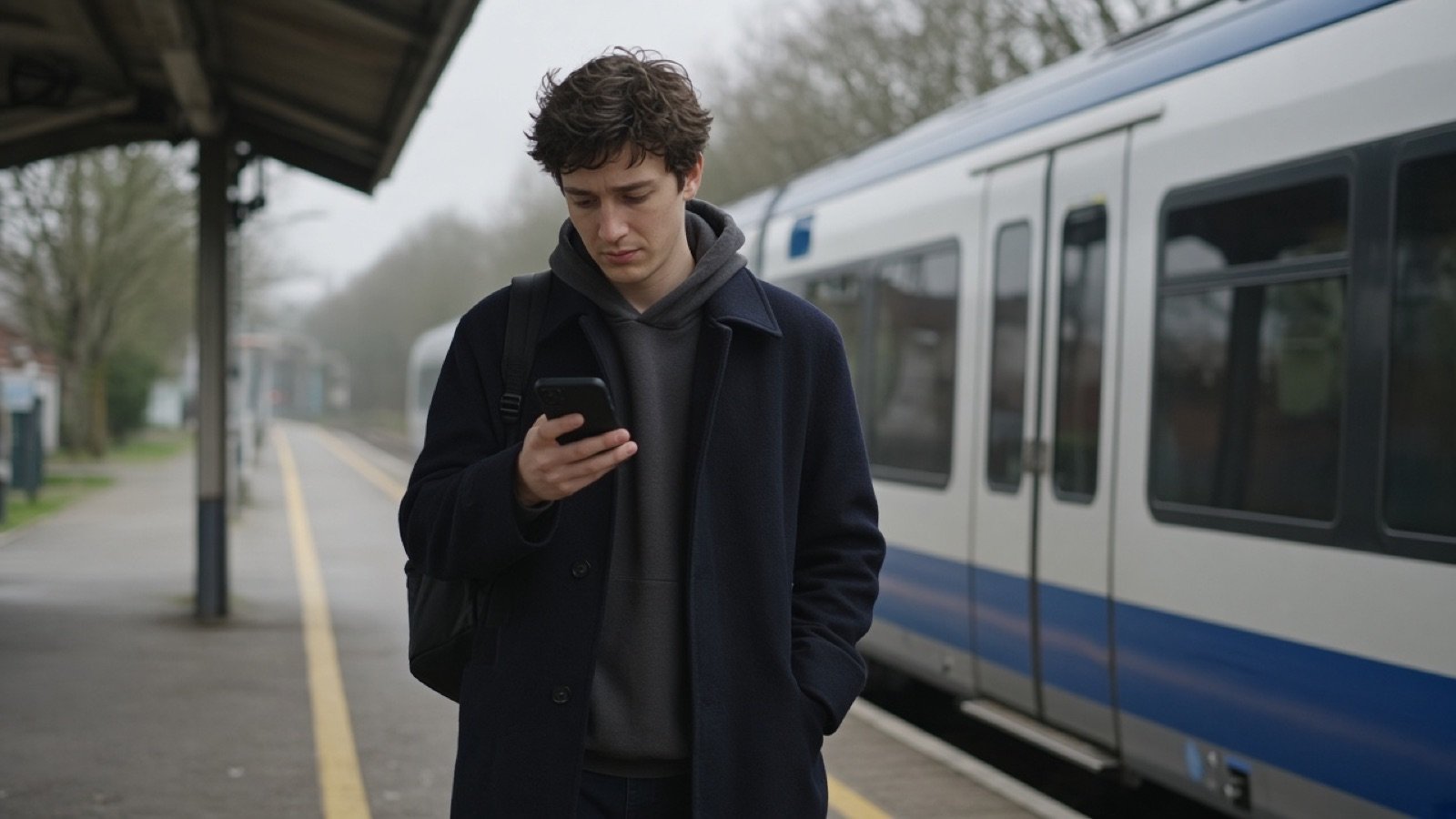 Voyageur sur un quai de train vérifiant la couverture réseau sur son smartphone.