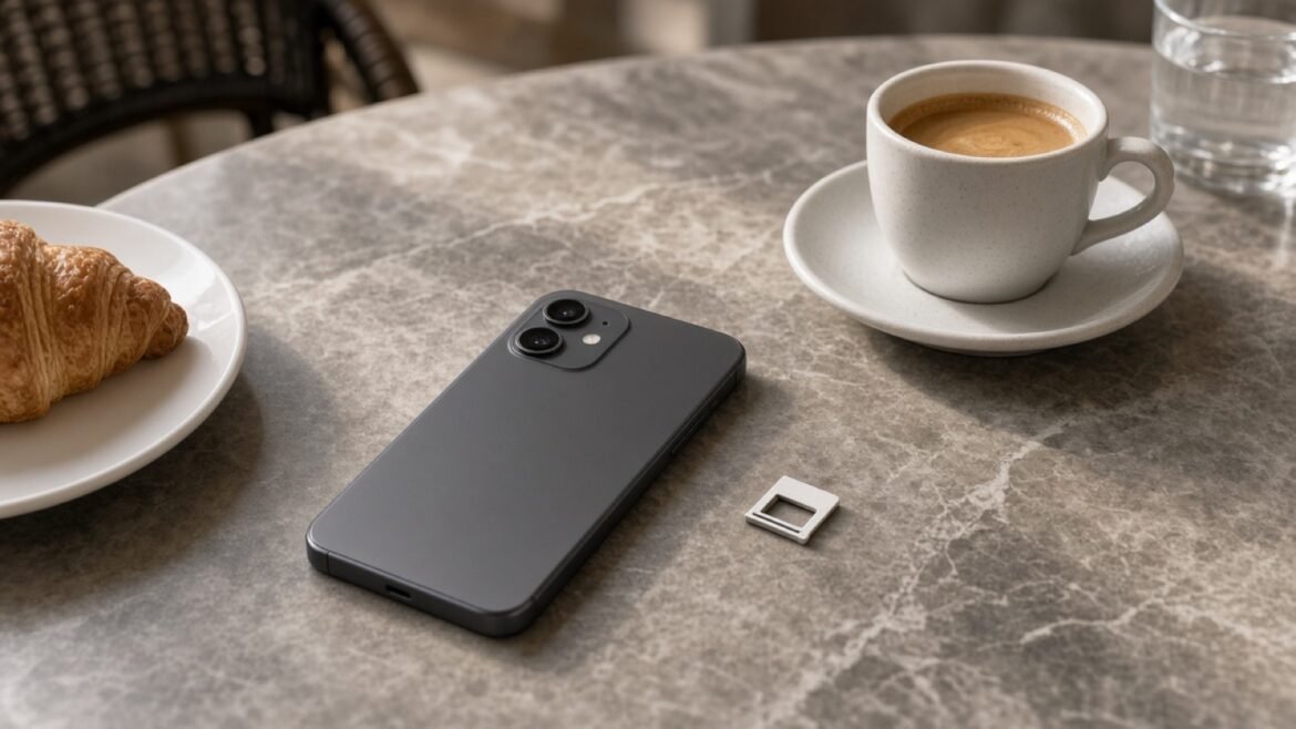 Smartphone et carte nano-SIM posés sur une table de café, illustration du choix d'un forfait mobile.
