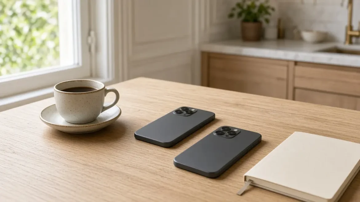 Deux téléphones posés sur une table en bois, à côté d’une tasse et d’un carnet