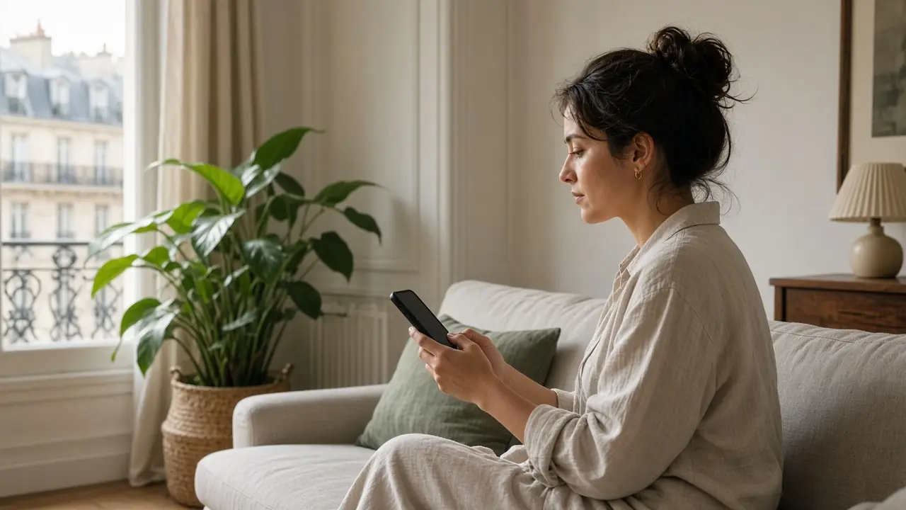 Une personne consulte un téléphone dans un salon, écran tourné vers elle