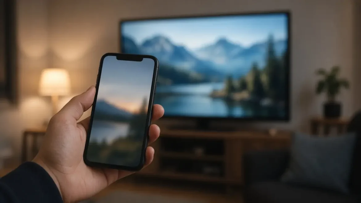Téléphone tenu dans un salon, écran tourné vers la pièce
