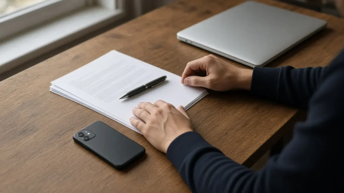 Bureau avec un contrat papier, un stylo et un téléphone retourné