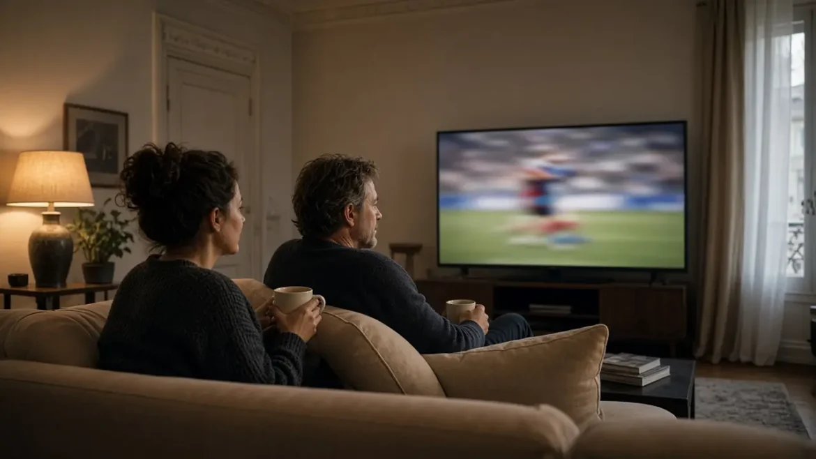 Deux personnes regardent la télévision dans un appartement français