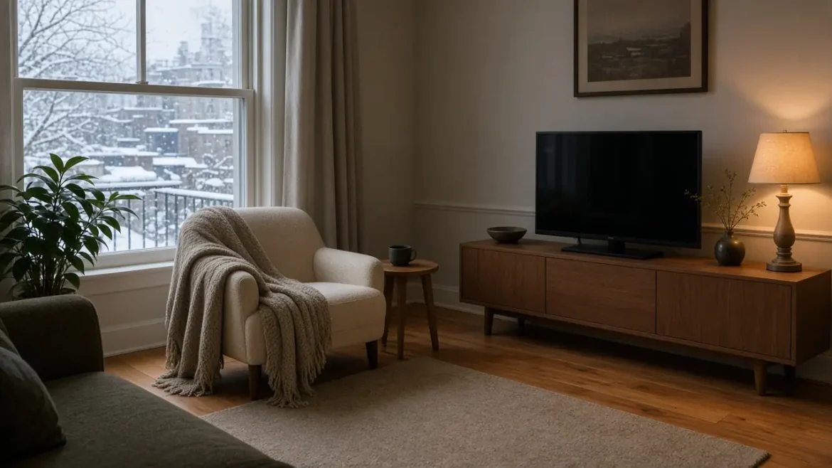 Salon à Montréal, télévision et fenêtre sur la ville
