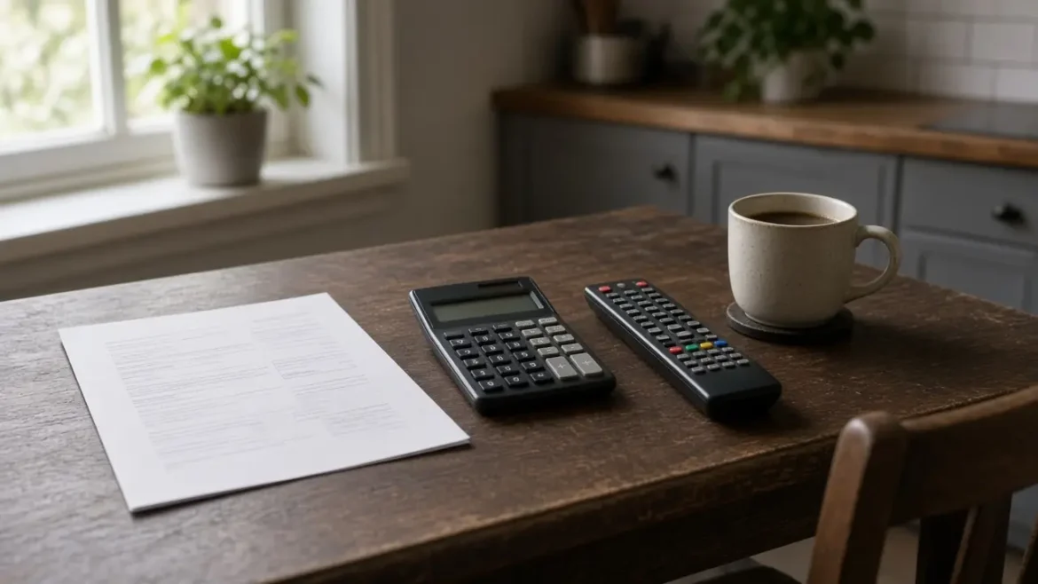 Carnet et tasse sur une table basse devant un téléviseur