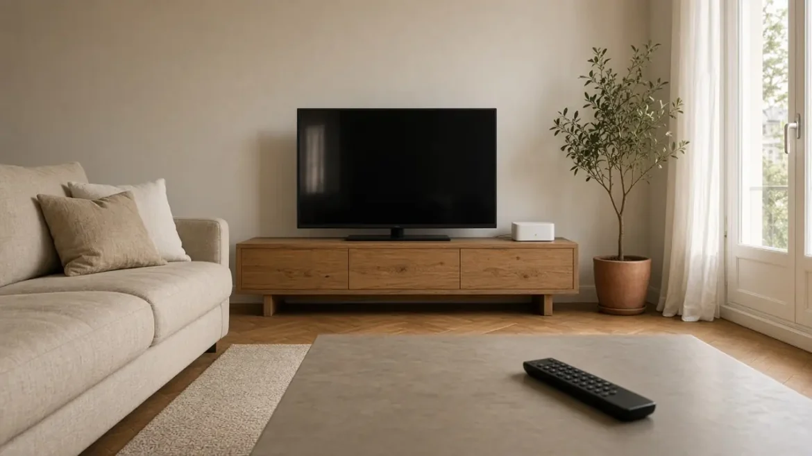 Salon français avec une télévision et une box fibre sur le meuble
