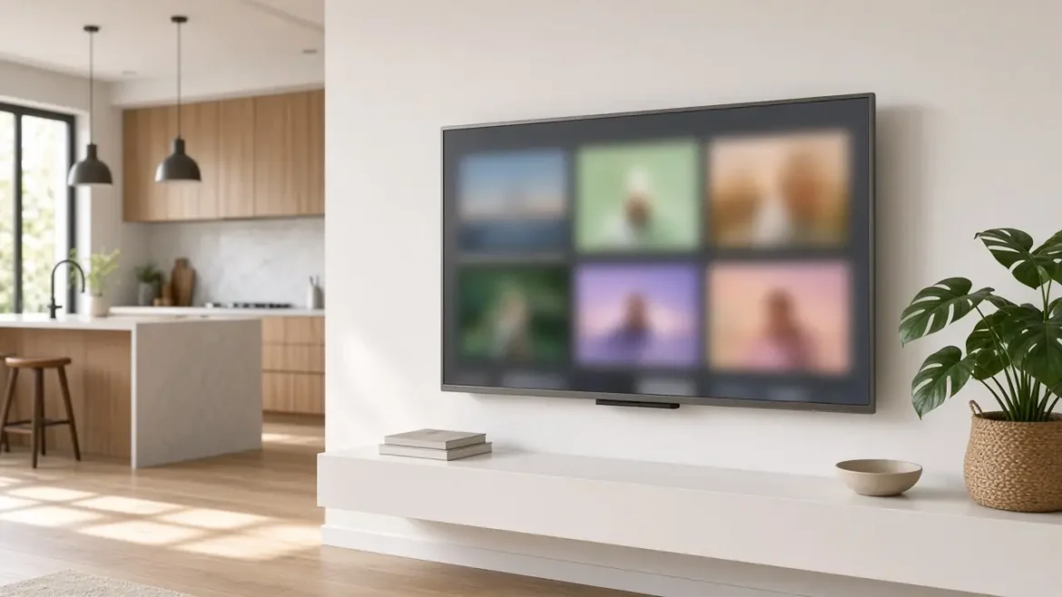 Téléviseur dans un séjour lumineux, écran flou sans logo