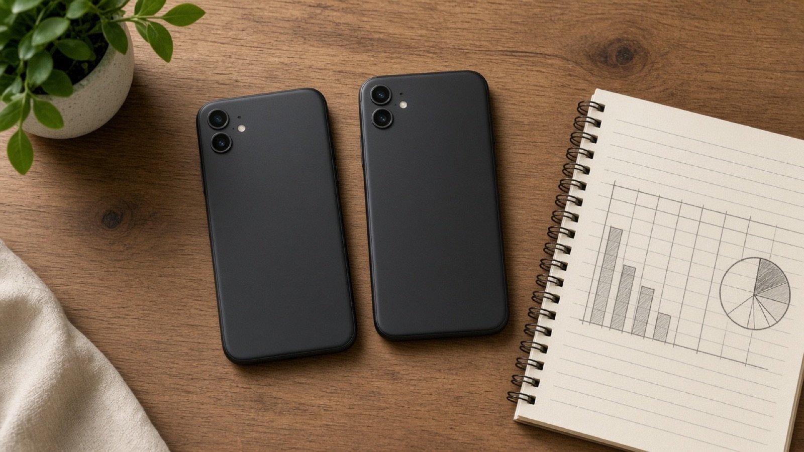 Deux smartphones posés côte à côte sur une table, comparaison de budget avant achat.