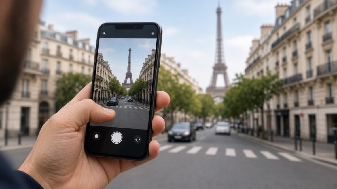Main tenant un smartphone pour photographier une rue, usage quotidien d'un téléphone milieu de gamme.