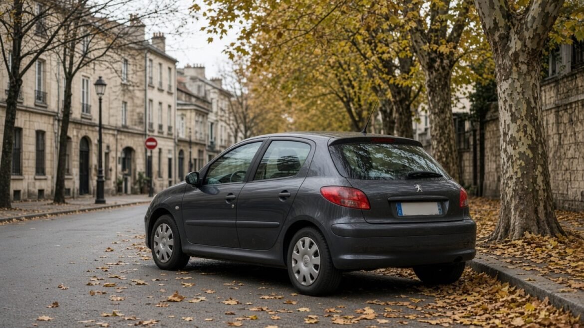 Citadine d'occasion stationnée dans une rue française, budget autour de 15 000 euros.