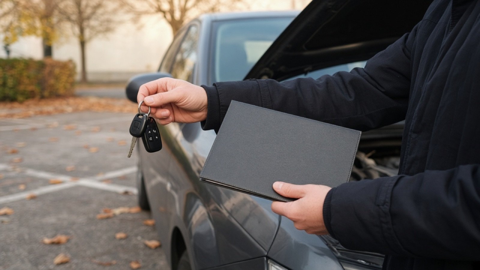 Mains tenant des clés de voiture et un dossier de papiers à côté d'un capot entrouvert, vérification avant achat d'occasion.